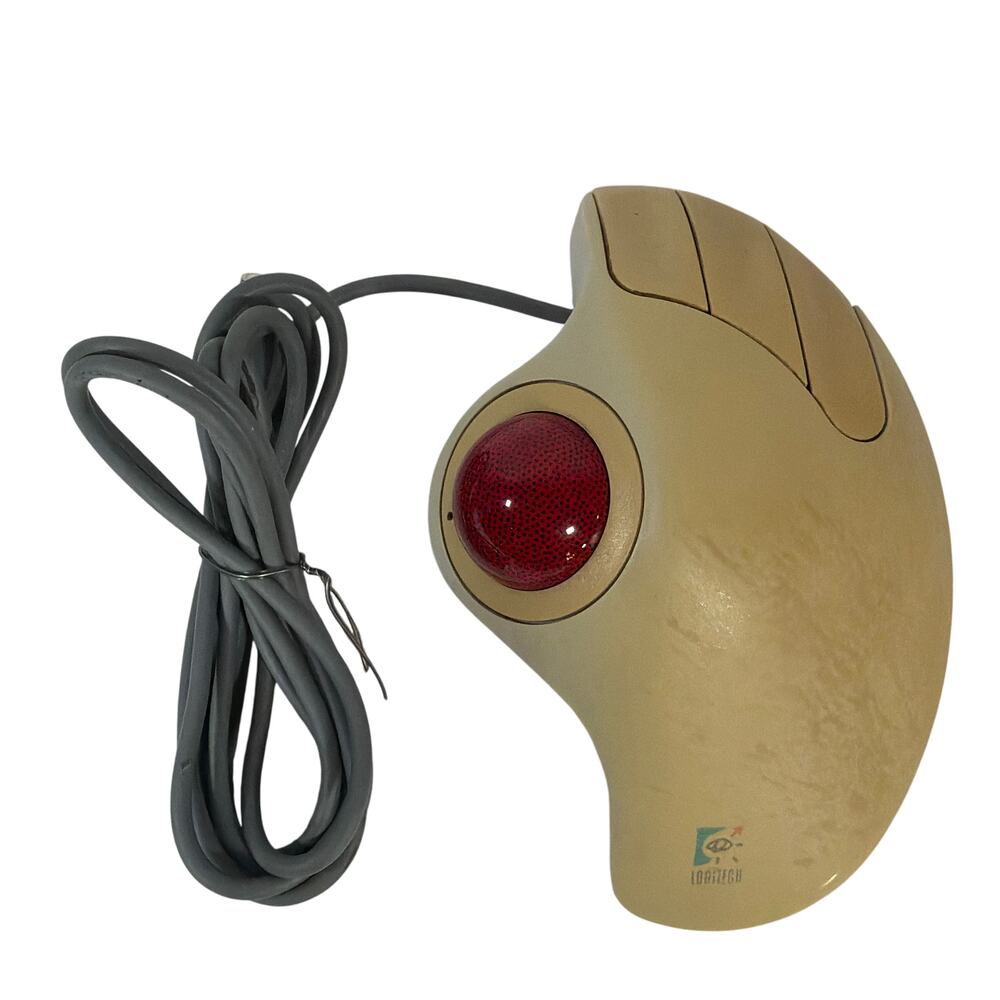 Logitech TrackMan Marble Trackball Mouse T-CH11 PS/2 Wired Beige/Red Tested